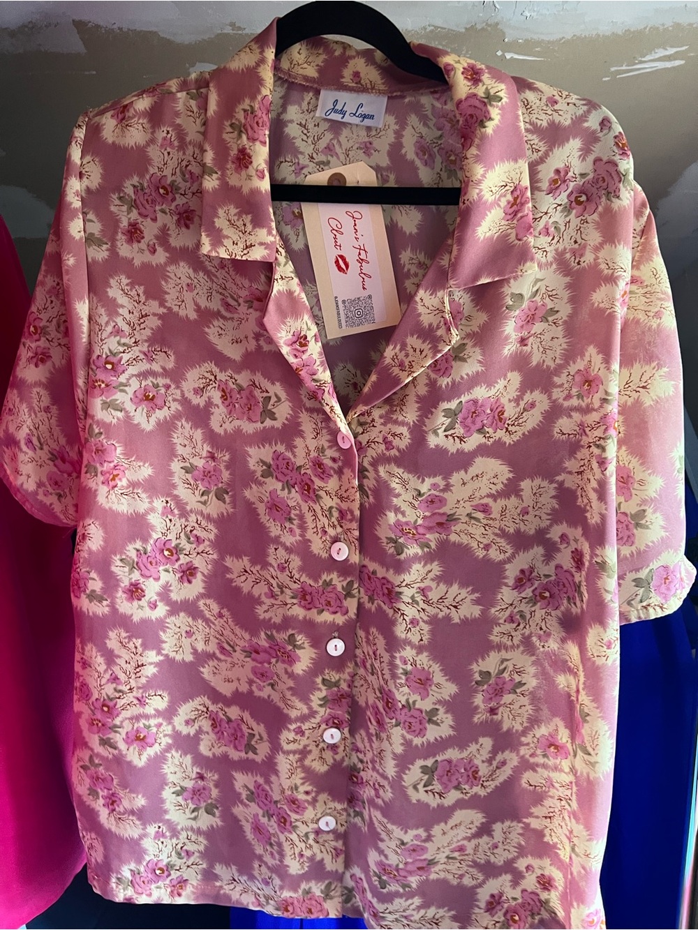 Vintage Rose Print Blouse 80s XL